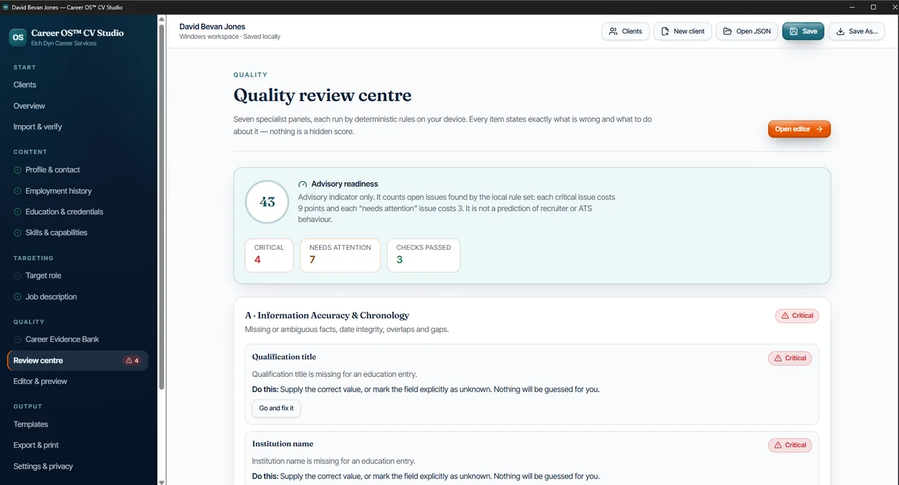 Career OS CV Studio Quality Review Centre showing advisory readiness and critical CV issues.
