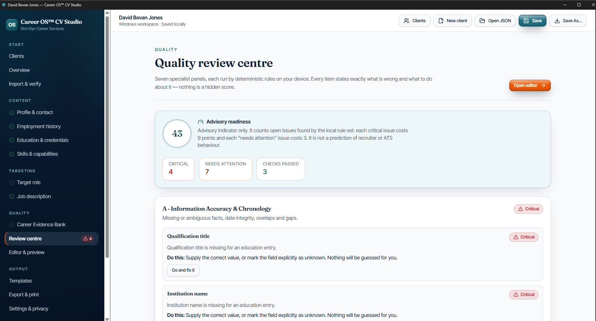 Career OS CV Studio Quality Review Centre showing advisory readiness and critical CV issues.