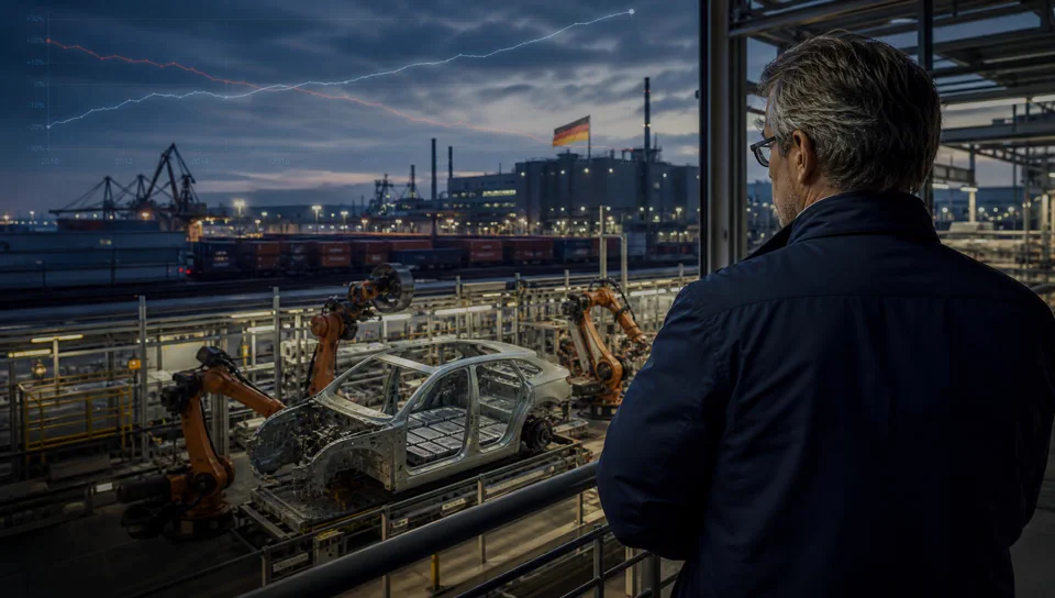 Automated EV production line overlooking a German industrial and export landscape.