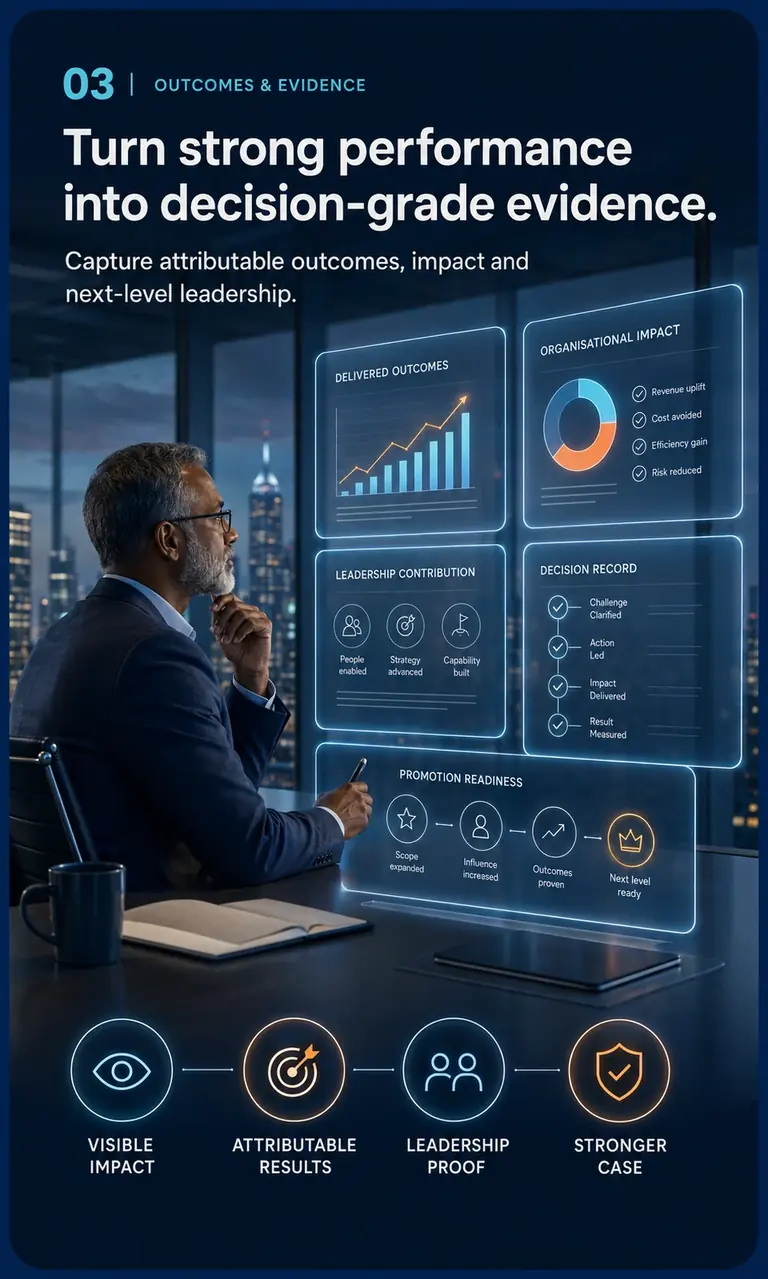 Career OS™ PROPEL Stage 03, Outcomes & Evidence: delivered outcomes, organisational impact, leadership contribution and promotion readiness dashboards.