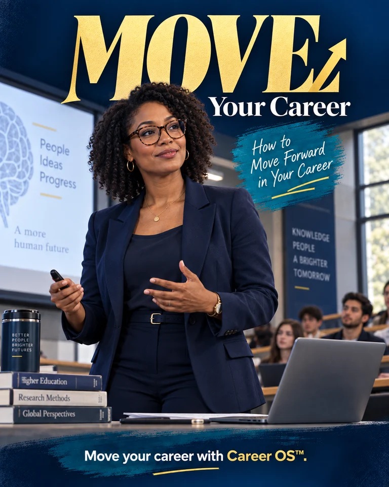 Career OS™ MOVE career change programme for mid-career professionals, shown through a university lecturer presenting in a lecture theatre.