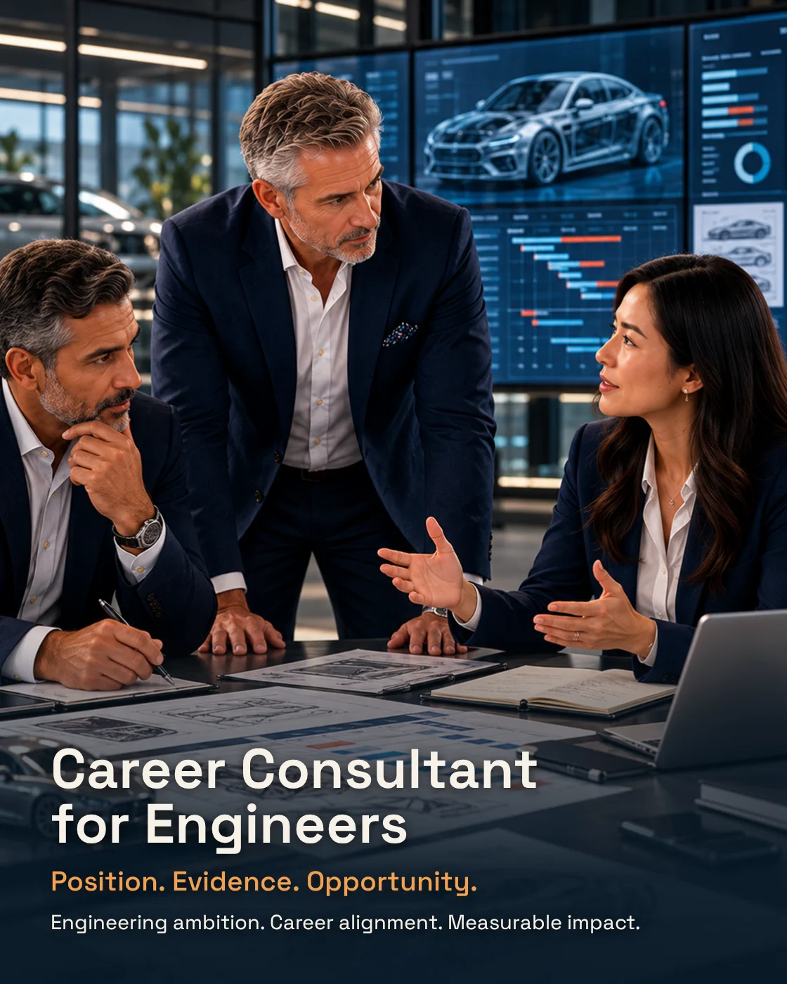 Three senior automotive engineering professionals reviewing vehicle designs, programme evidence and career strategy in a technical studio.