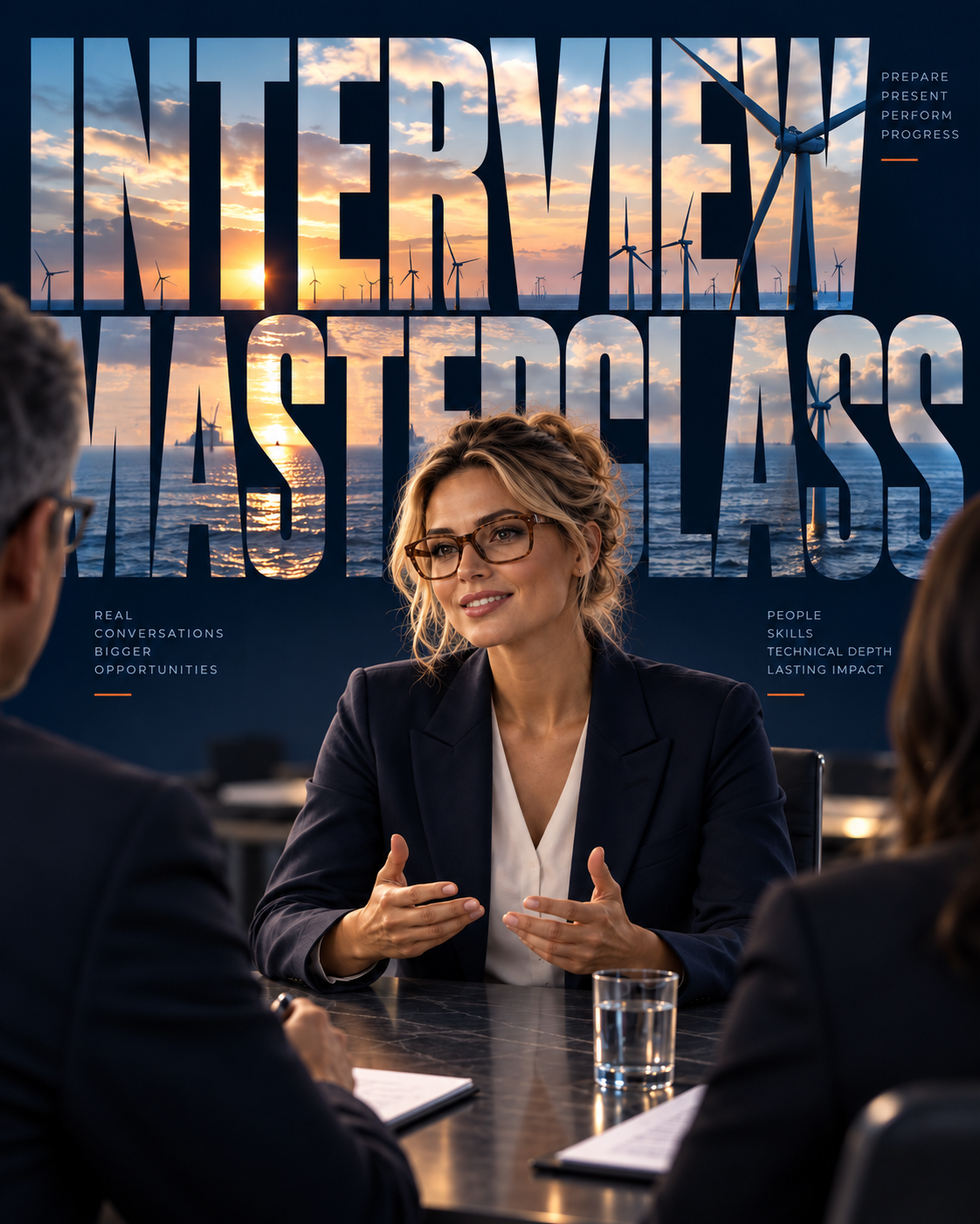 Career OS™ Interview Success support for mid-career STEM professionals, shown through a candidate preparing for a high-stakes interview with an offshore wind energy backdrop.