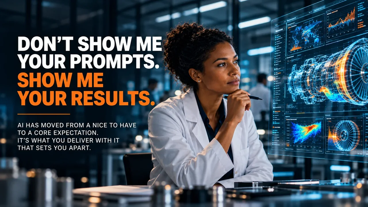 Black female scientist in a laboratory studying digital engineering visualisations with the words show me your results