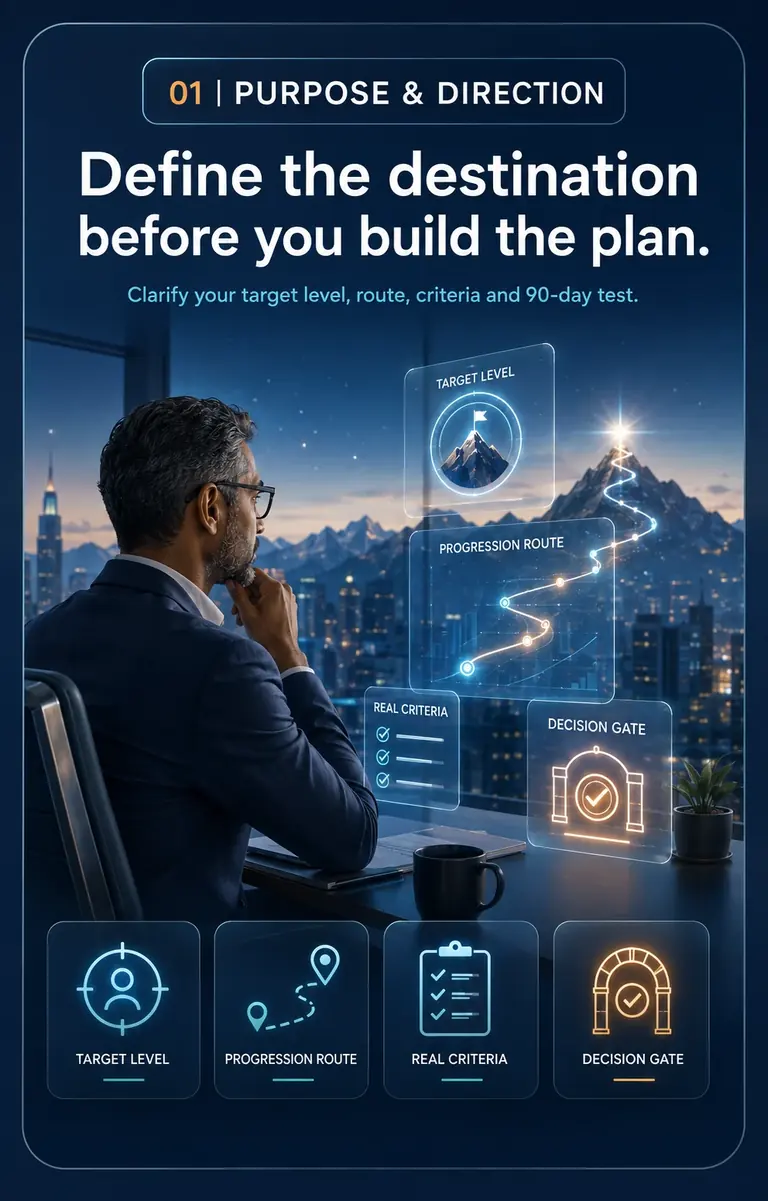 Career OS™ PROPEL Stage 01, Purpose & Direction: a senior professional reviewing target level, progression route, real criteria and a decision gate.
