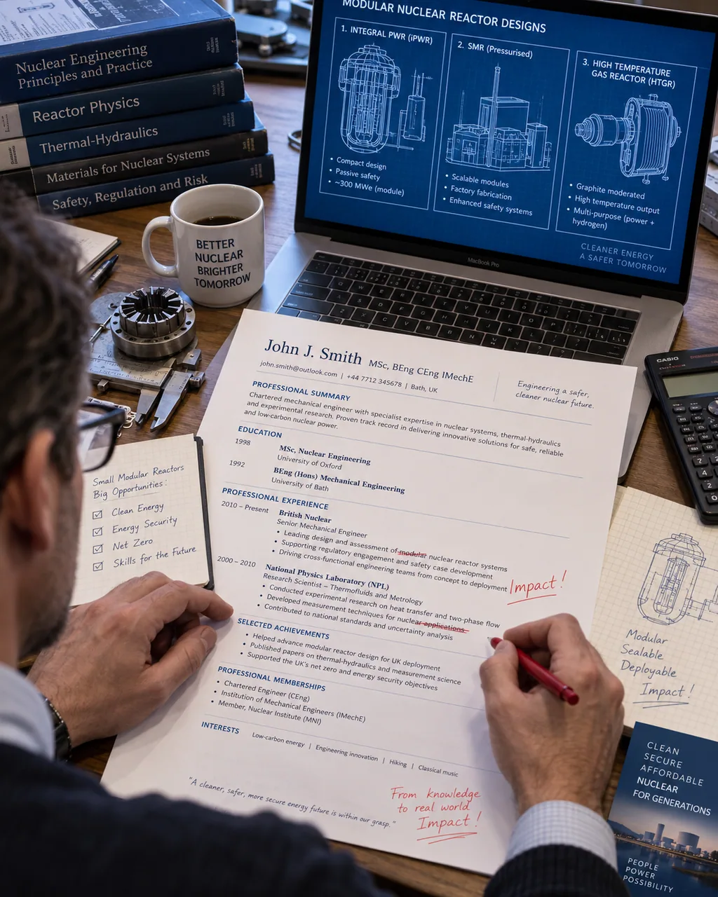 Engineer reviewing a technical CV beside engineering drawings and a CAD workstation.