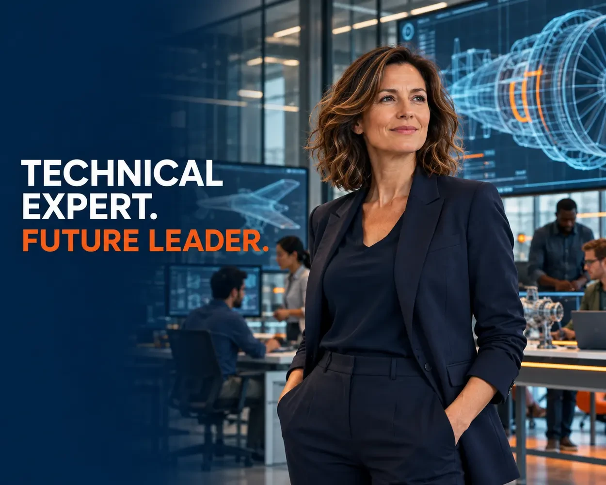 Engineering leader standing in an advanced design studio with engineers and turbine visualisations behind her, beside the headline Technical expert. Future leader.