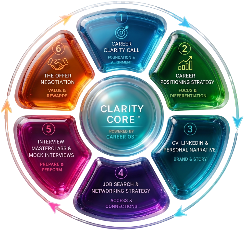 Career OS™ — six pressable zones around a central core: Career Diagnosis, Positioning Strategy, CV LinkedIn & Narrative, Search & Networking, Interview Masterclass, and Offer Negotiation.