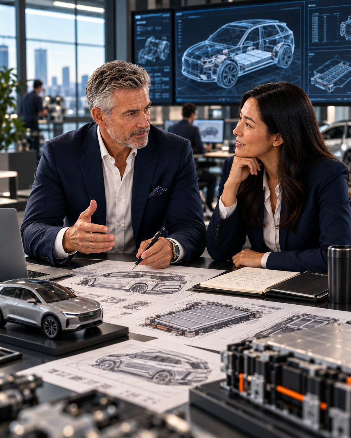 Senior engineering professionals reviewing electric vehicle drawings, battery-pack concepts and CAD displays in a modern EV engineering office.