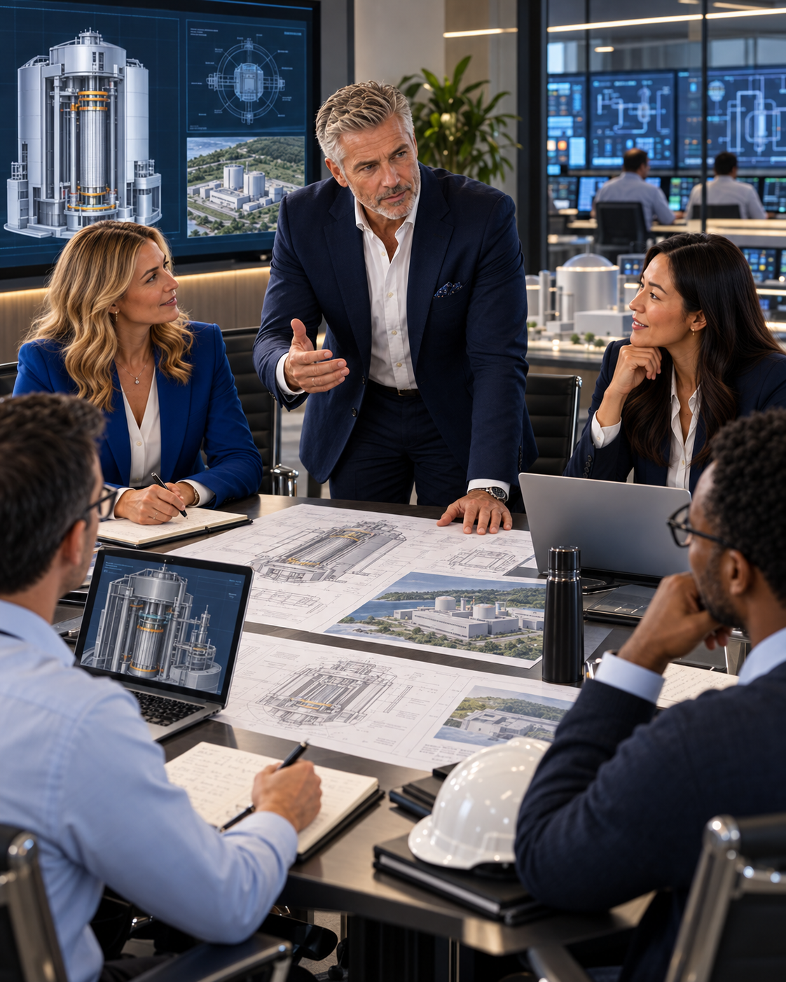 Senior engineers and executives reviewing small modular reactor concepts and technical drawings in a high-tech strategy room.
