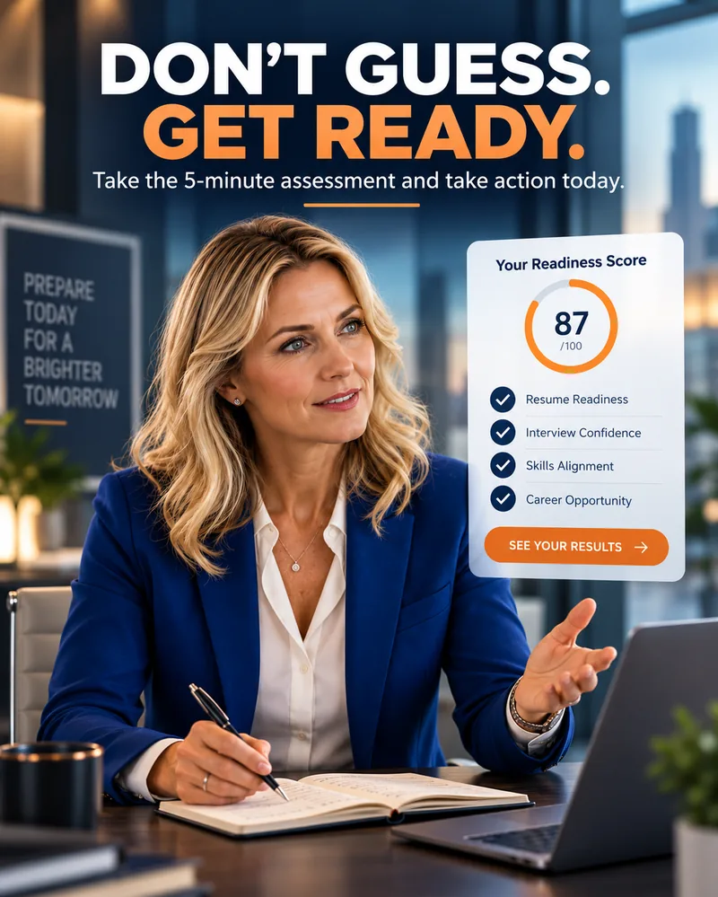 Don't guess, get ready: a professional at a desk alongside a career readiness score panel.