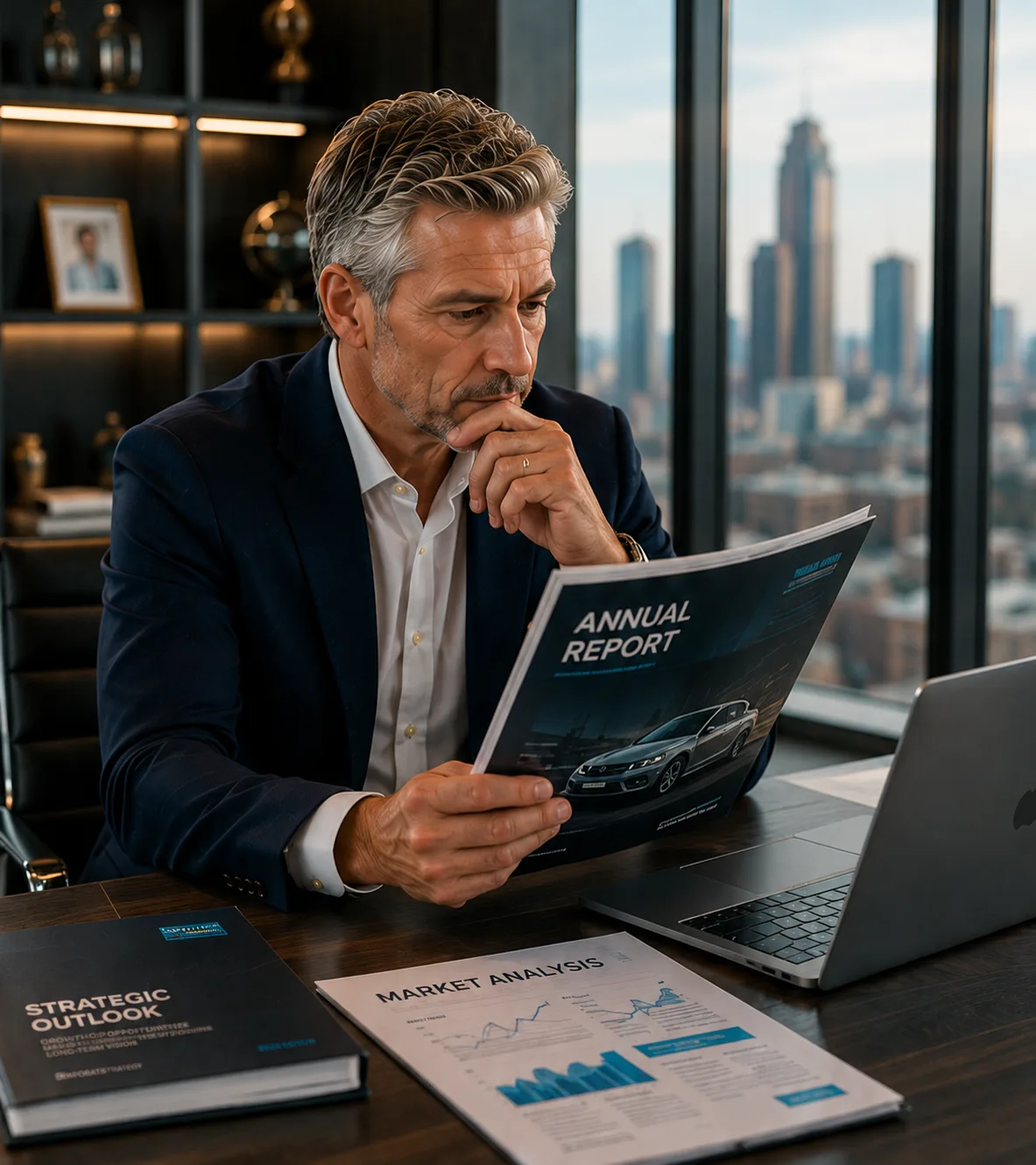 Man reading an automotive annual report at a desk with market-analysis papers and a laptop.
