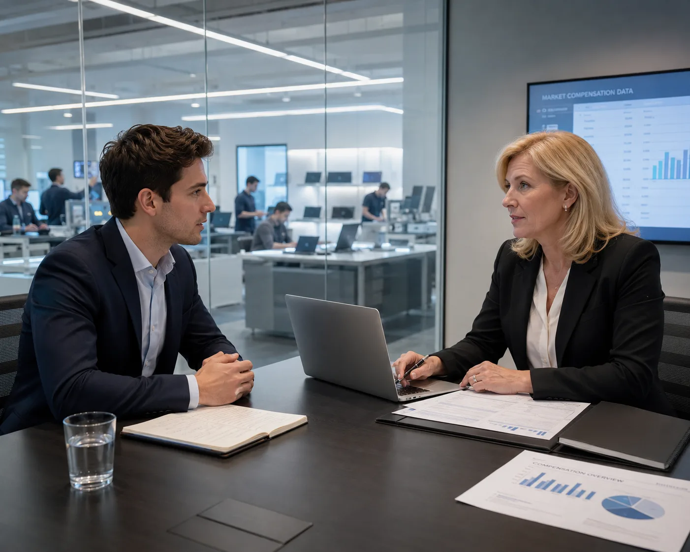 Two professionals meeting across a desk with a laptop, printed charts and a screen labelled “Market Compensation Data”.