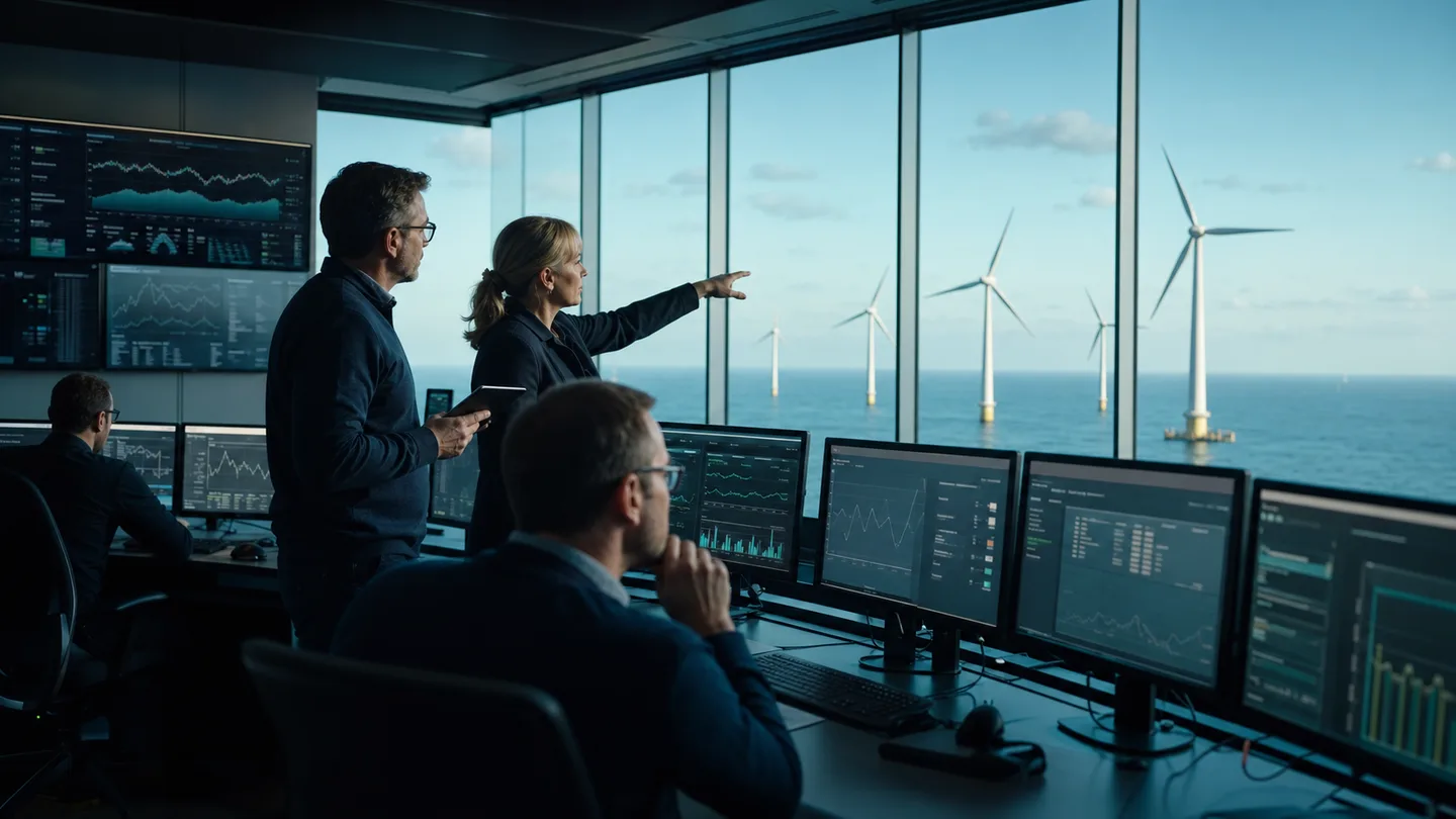 Colleagues in a control room overlooking offshore wind turbines, with one person pointing towards the wind farm.