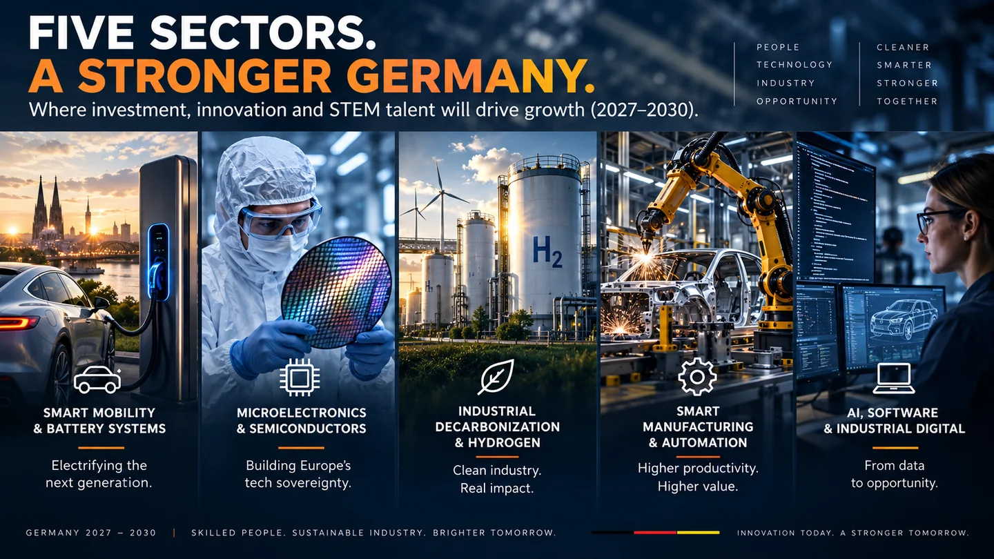Five Sectors. A Stronger Germany. infographic: smart mobility and battery systems, microelectronics and semiconductors, industrial decarbonisation and hydrogen, smart manufacturing and automation, and AI, software and industrial digital — the high-growth STEM vectors for 2027–2030.
