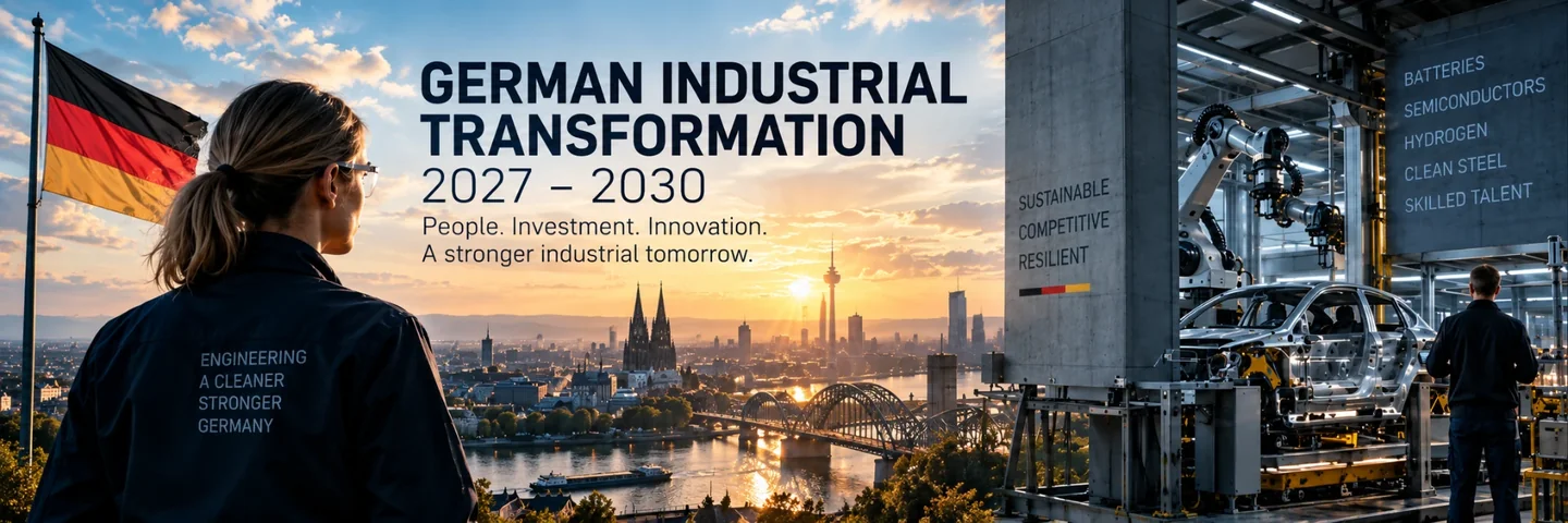 German Industrial Transformation 2027–2030 hero graphic: a female engineer overlooking the Cologne skyline at sunrise, with an automated automotive production line and German flag, illustrating the shift toward batteries, semiconductors, hydrogen, clean steel and skilled STEM talent.