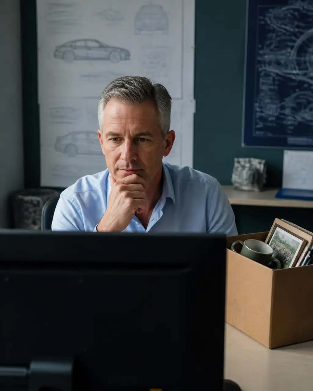 Automotive engineer considering career options after redundancy, with personal belongings packed in a cardboard box.