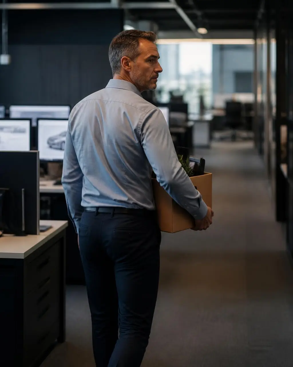 Experienced automotive engineer leaving the office with a redundancy box, preparing for a career transition.