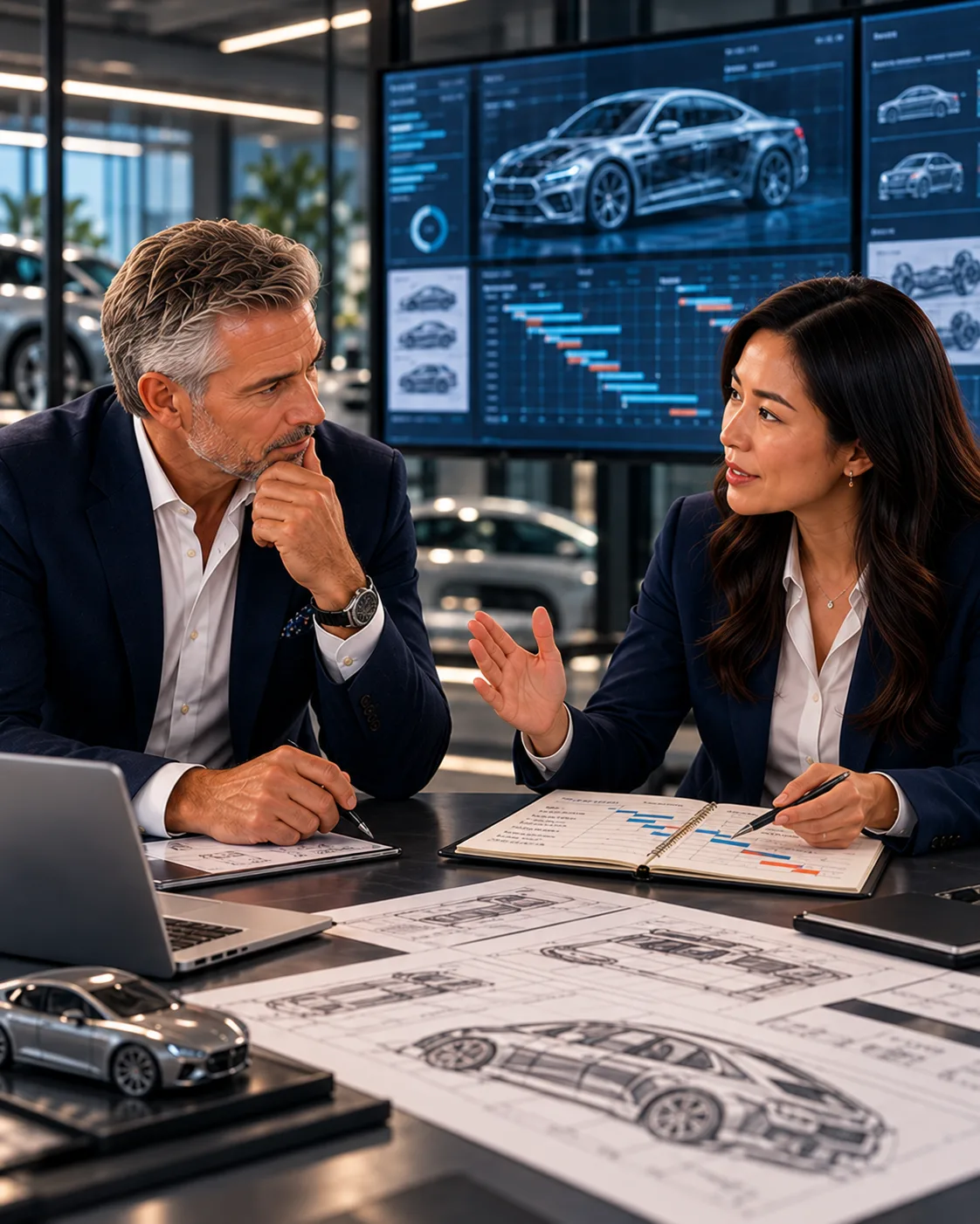 Technical professional discussing priorities and realistic delivery commitments with a senior manager in an automotive programme review.
