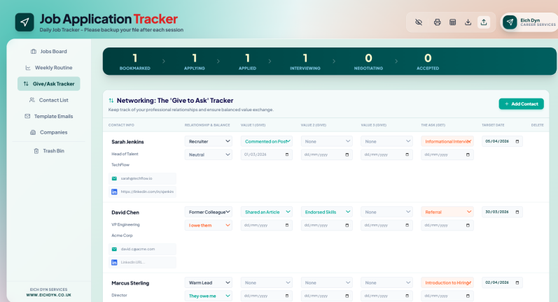 Eich Dyn Network Tracker tracking contacts and outreach