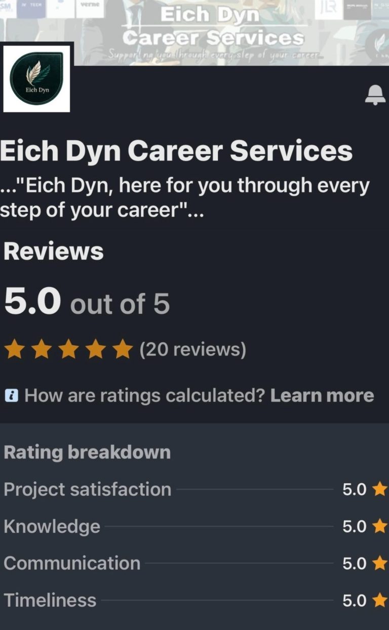 Linkedin rating Elich Dyn Career Services profile with a 5.0 rating and service breakdown.