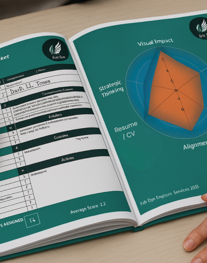 Career Assessment Tool Open assessment booklet with a radar chart and checklist, someone writing notes.