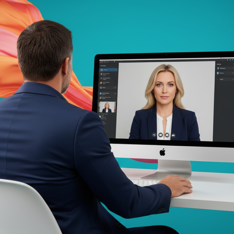online one to one coaching Person sitting at a computer, engaging in a video call with a woman on the screen.