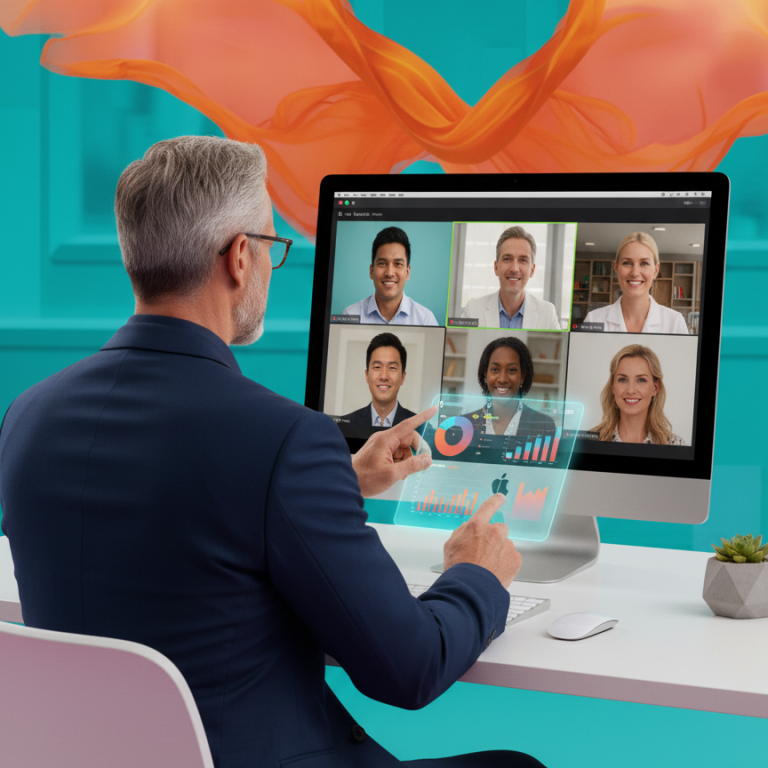 Teams online coaching A person in a suit interacts with a touchscreen displaying a video conference.