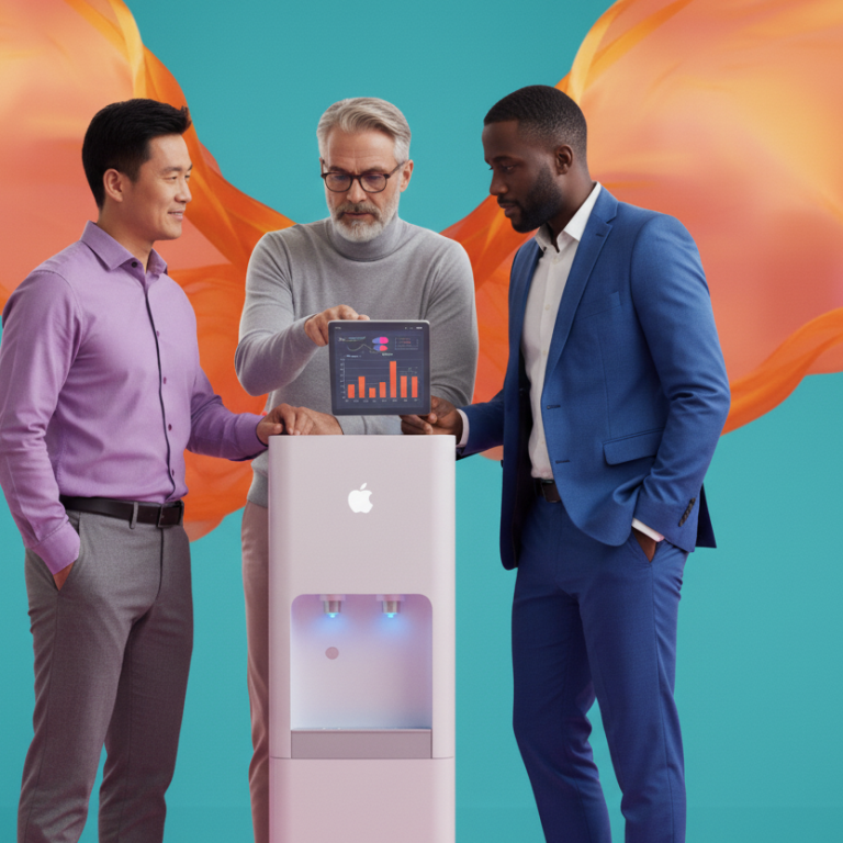 Discussion at Water fountain, informal coaching Three professionals discussing data by a water cooler with a laptop display.